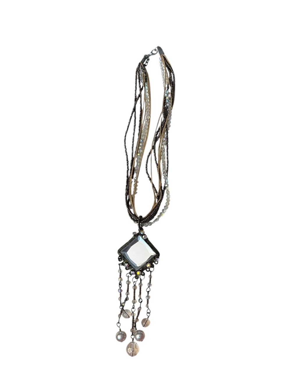 Vintage Multi-Strand Black and Silver Pendant Necklace with Dangle Accents